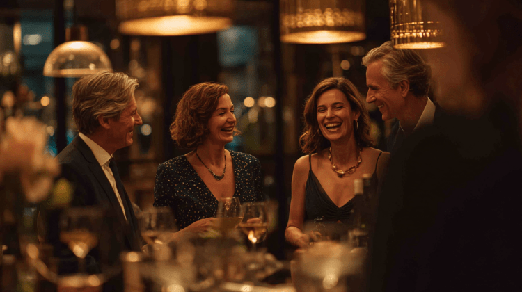 Soirée célibataires Montpellier 45+ : Groupe de femmes et d'hommes souriants échangeant autour d'un verre lors du Speed Dating Nouvelle Génération.